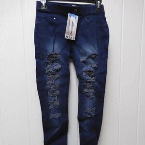 Zeza B by Hue Midnight Rinse Shredded Denim Skimmer Leggings Size Small ZL18066